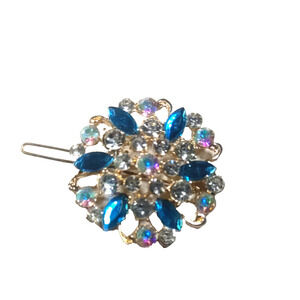 Aqua Blue Clear Rhinestone Gold Tone Hair Barrette Clip Metal Feminine Romance
